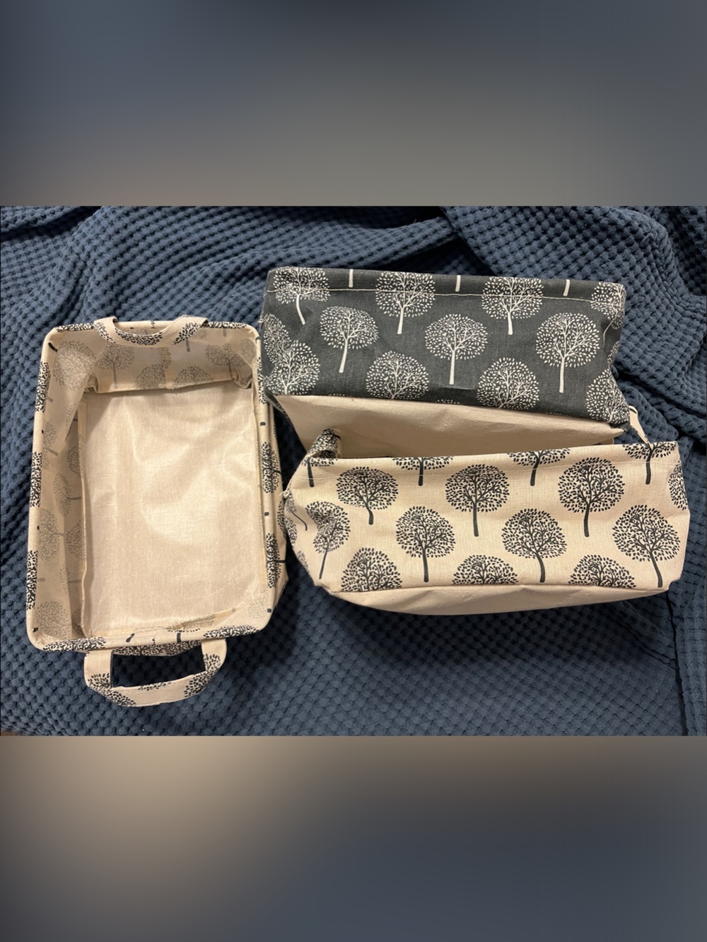 Neutral Tree-Print Fabric Storage Bin Set (3 bins) - 8x12x4